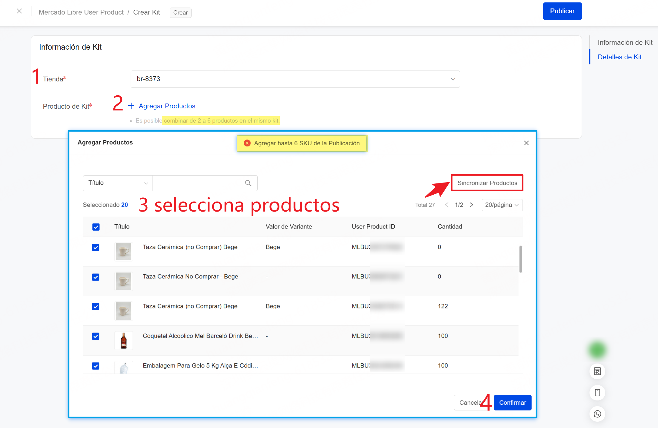 Agrega productos al kit