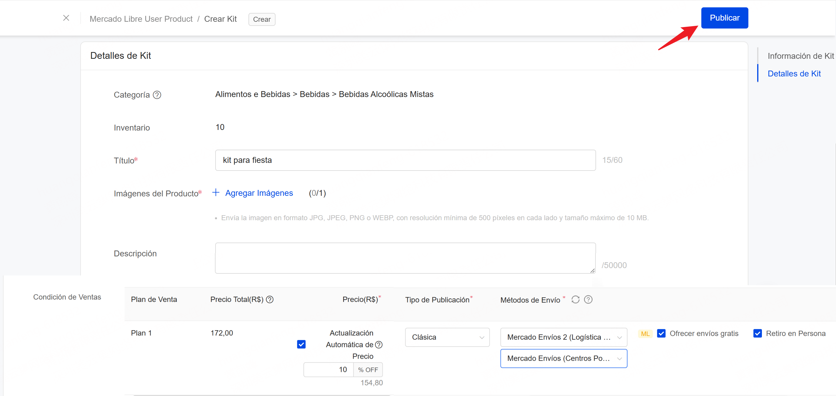 Completar los detalles de kit mercado libre