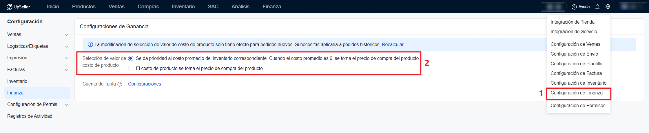 Haber completado el costo de producto en Configuración de Finanza