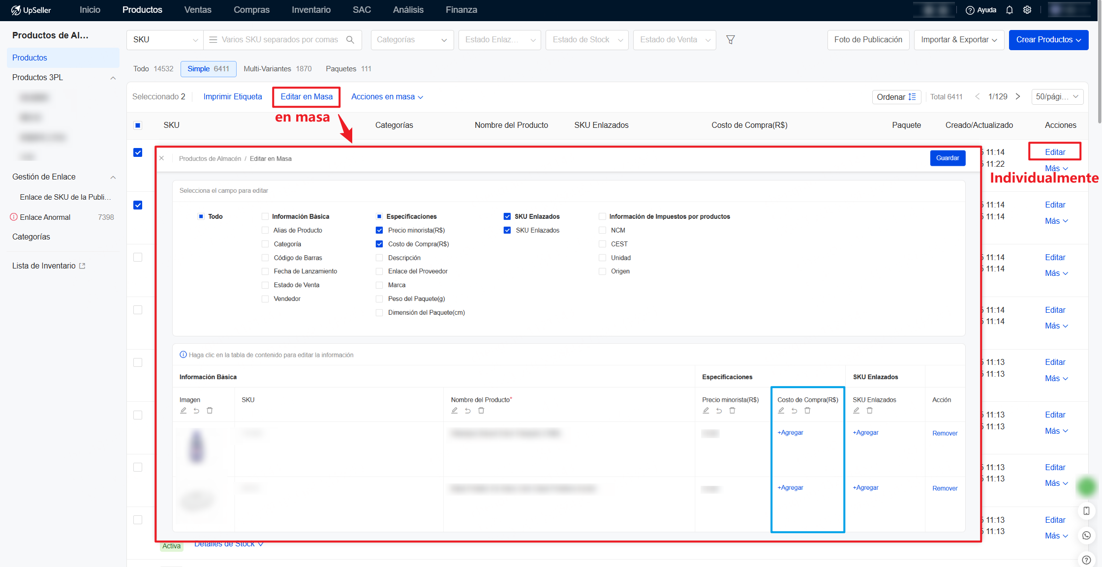 En la página de detalles del producto, puedes editar el costo de compra del producto