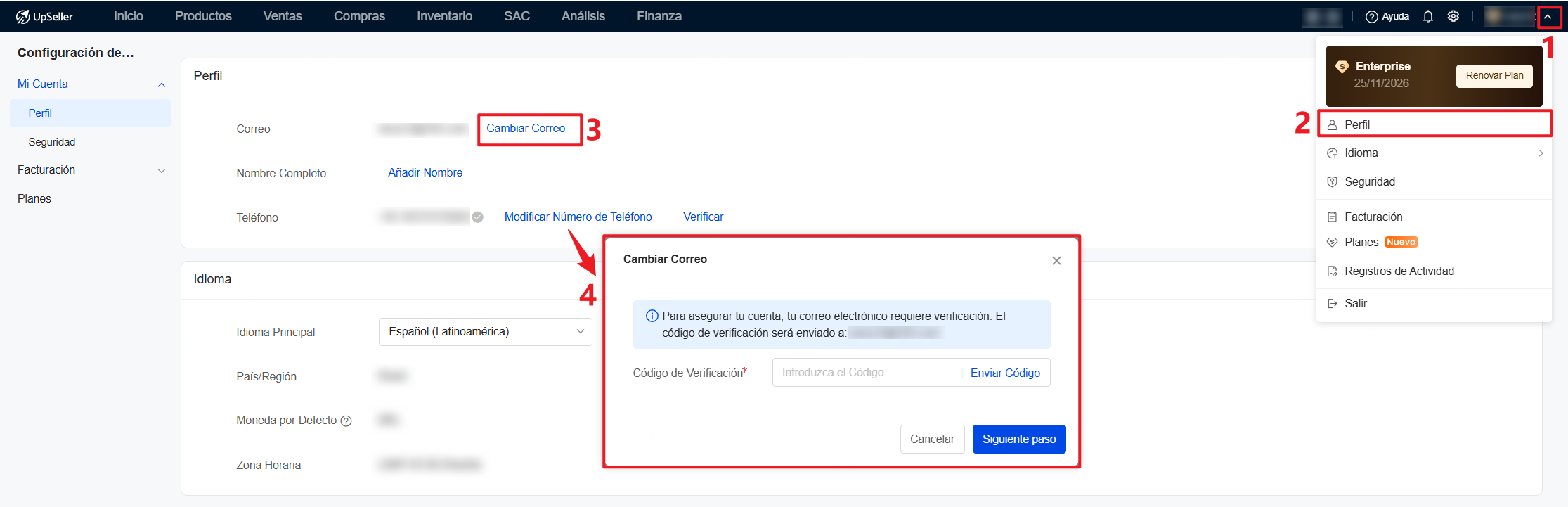 Cómo puedo cambiar el correo electrónico registrado en UpSeller?