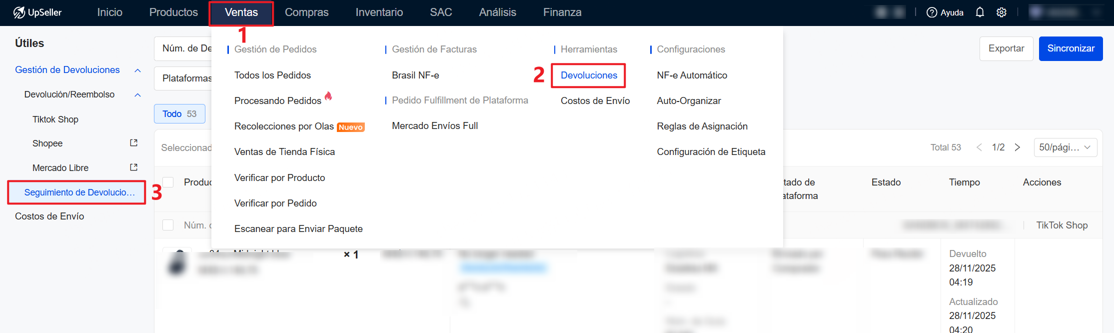 Entra en el módulo de seguimiento de devoluciones