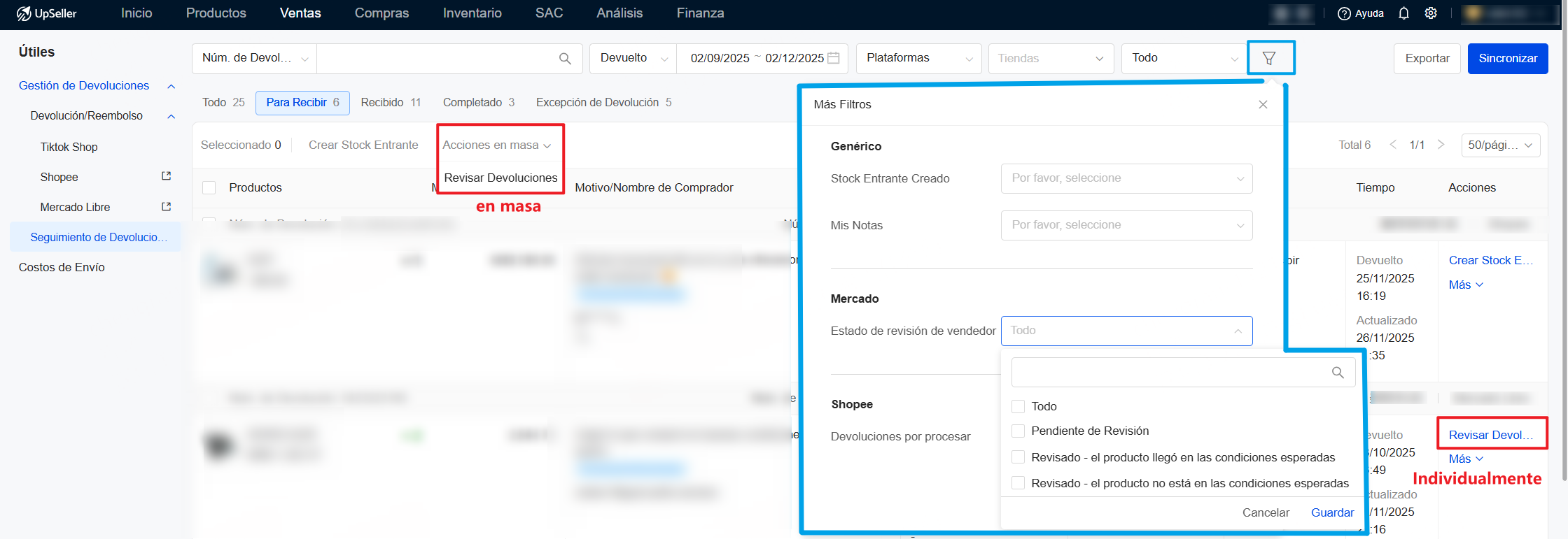 Existen dos opciones para revisar devoluciones