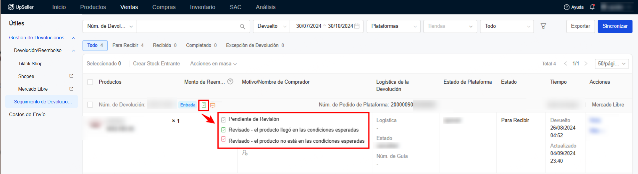 Una vez enviada la revisión, el pedido tendrá un icono correspondiente