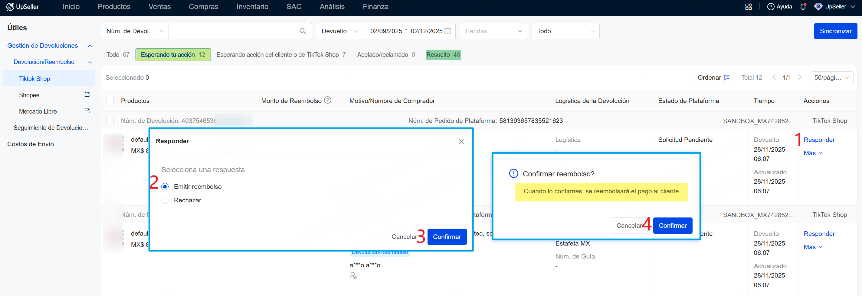 Emitir reembolso en el estado Esperando tu acción, para pedidos en Solicitud Pendiente