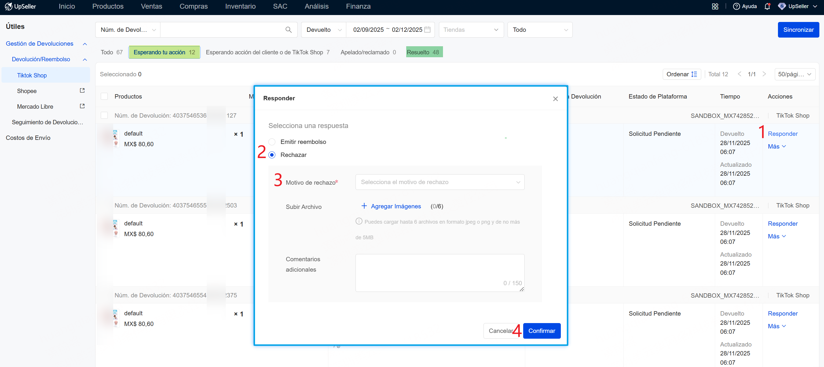 Rechazar en el estado Esperando tu acción, para pedidos en Solicitud Pendiente