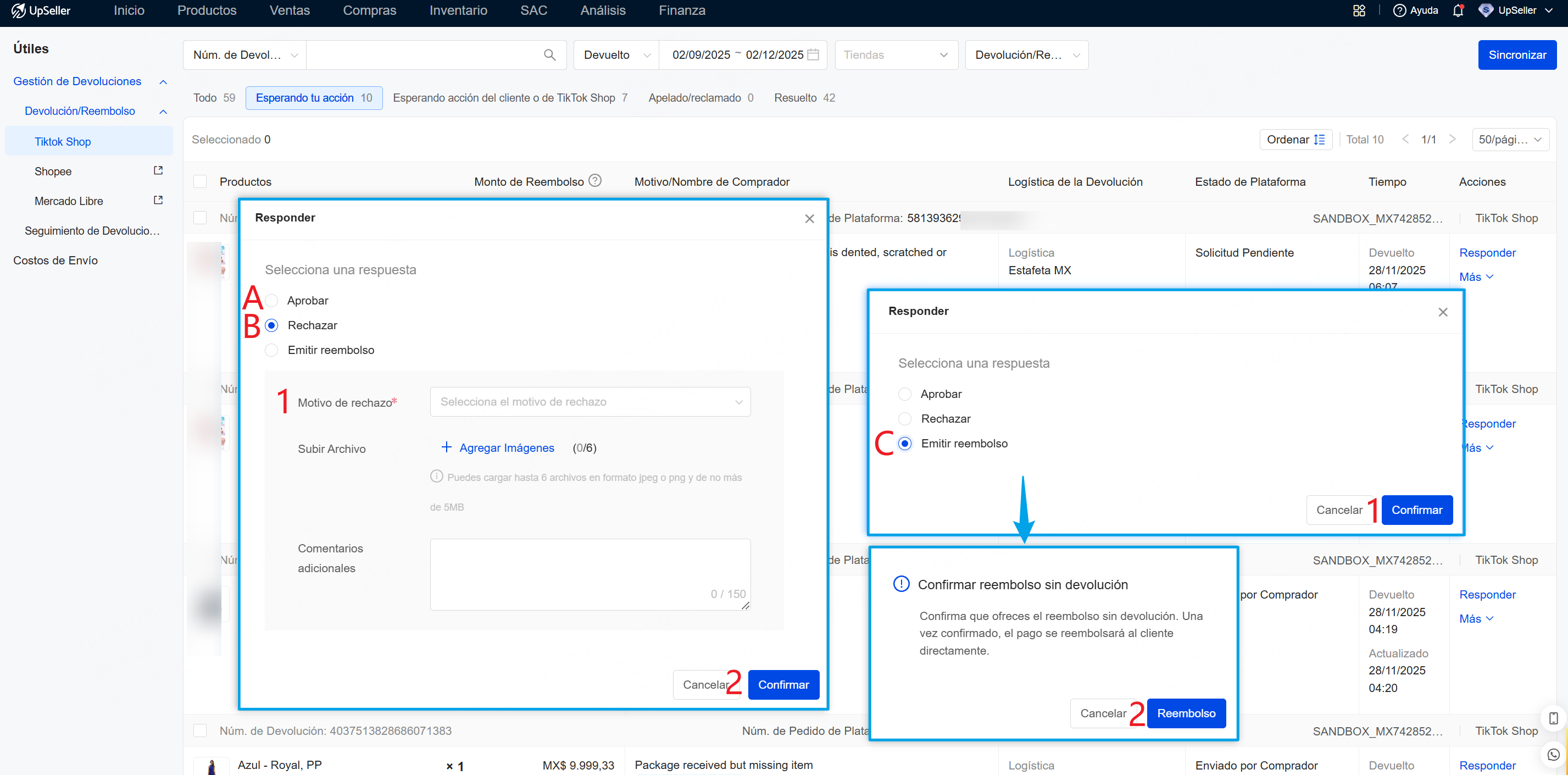 En el estado Esperando tu acción, para pedidos en Solicitud Pendiente