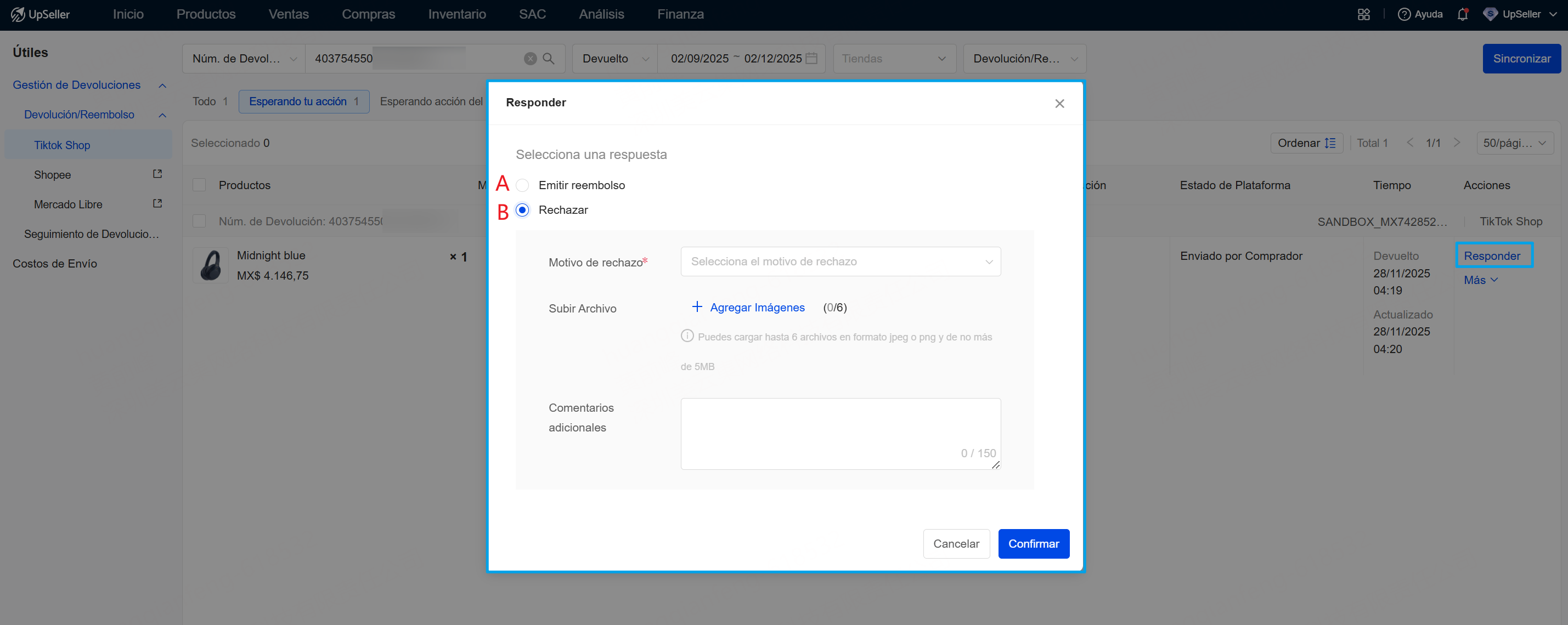 En el estado Esperando tu acción, para pedidos en Enviado por Comprador