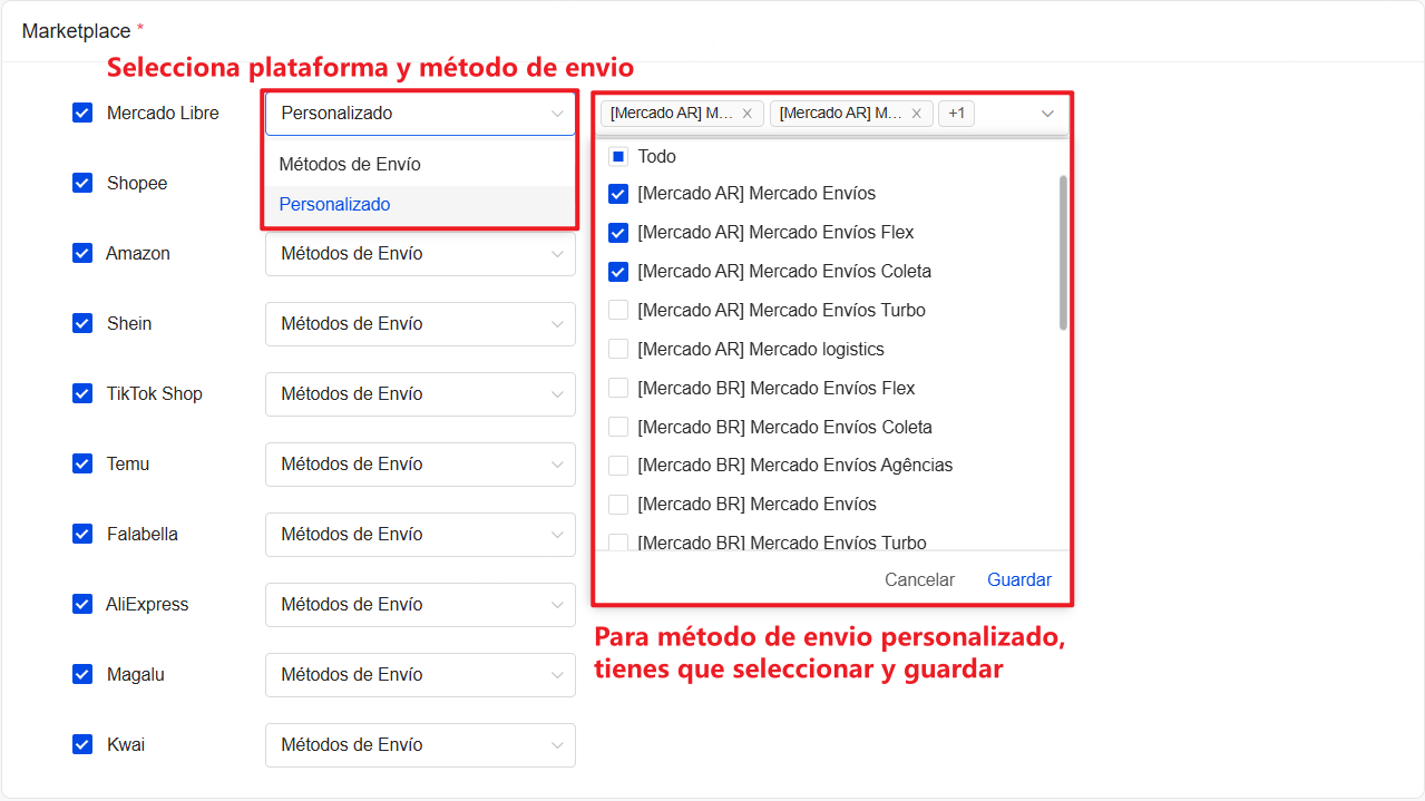 Paso 2: Selecciona la plataforma y el método de envío que quieres organizar automáticamente. 