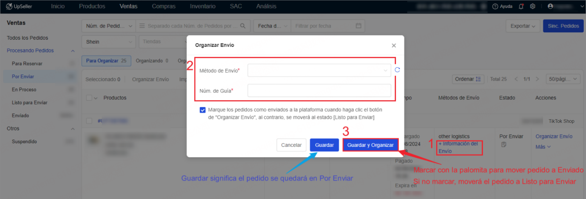 2. Subir Núm. de Guía y Organizar Envío