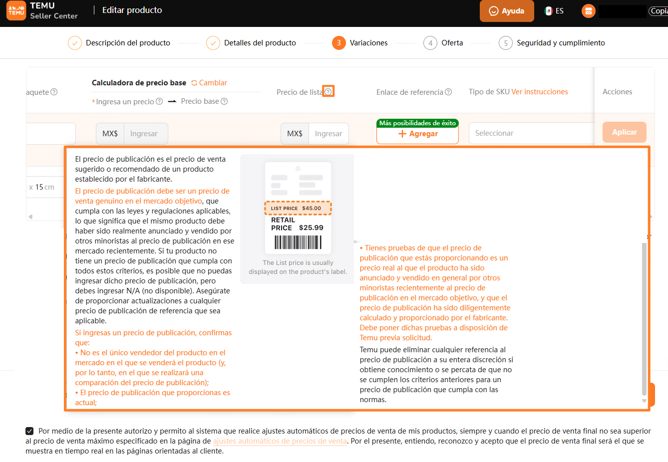 precio de lista de temu