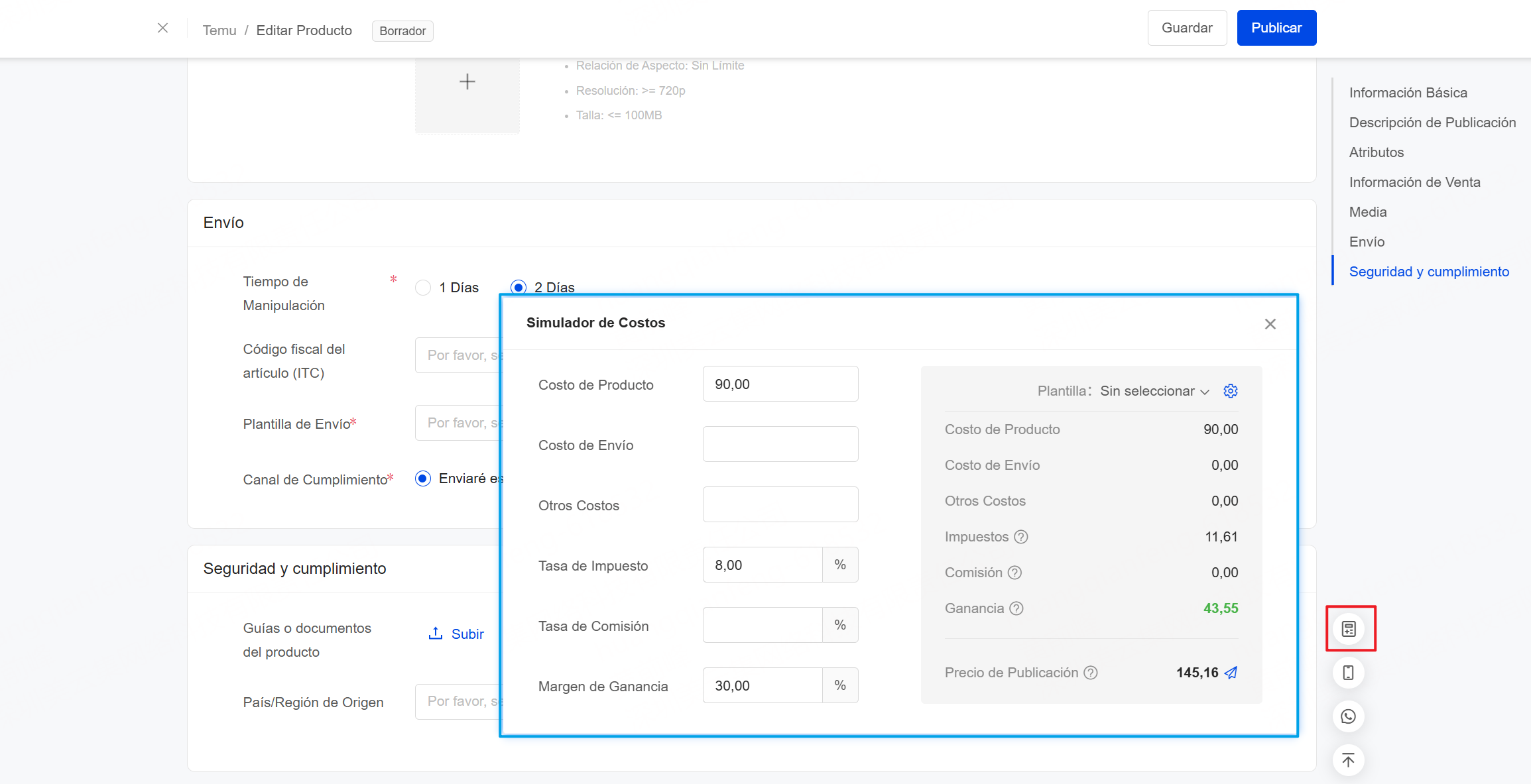 Simulador de Costos para Temu