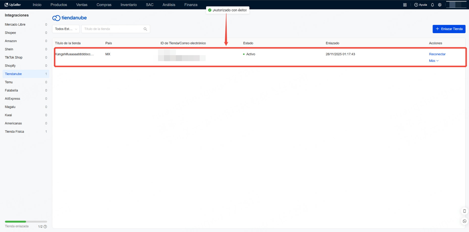 Paso 4: Después de iniciar sesión, ingresará a la página de "Lista de tiendas de Tiendanube", que mostrará un mensaje de autorización exitosa y presentará la tienda que acaba de enlazar.