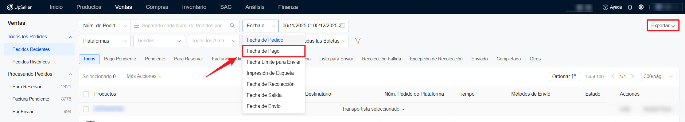 Exportar los pedidos según Fecha de Pago
