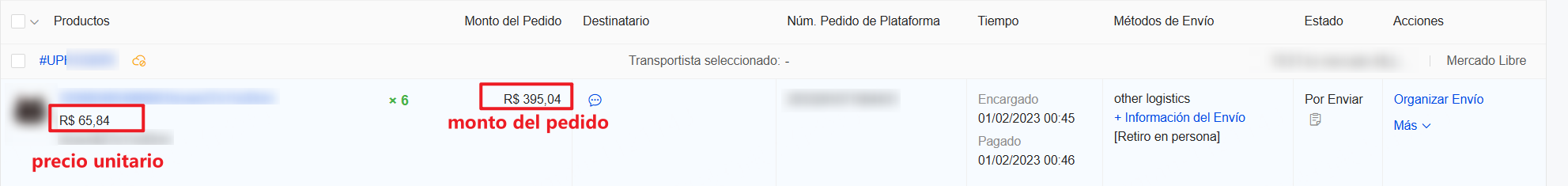 El monto del pedido y el precio unitario del producto pueden consultarse en la página de pedidos
