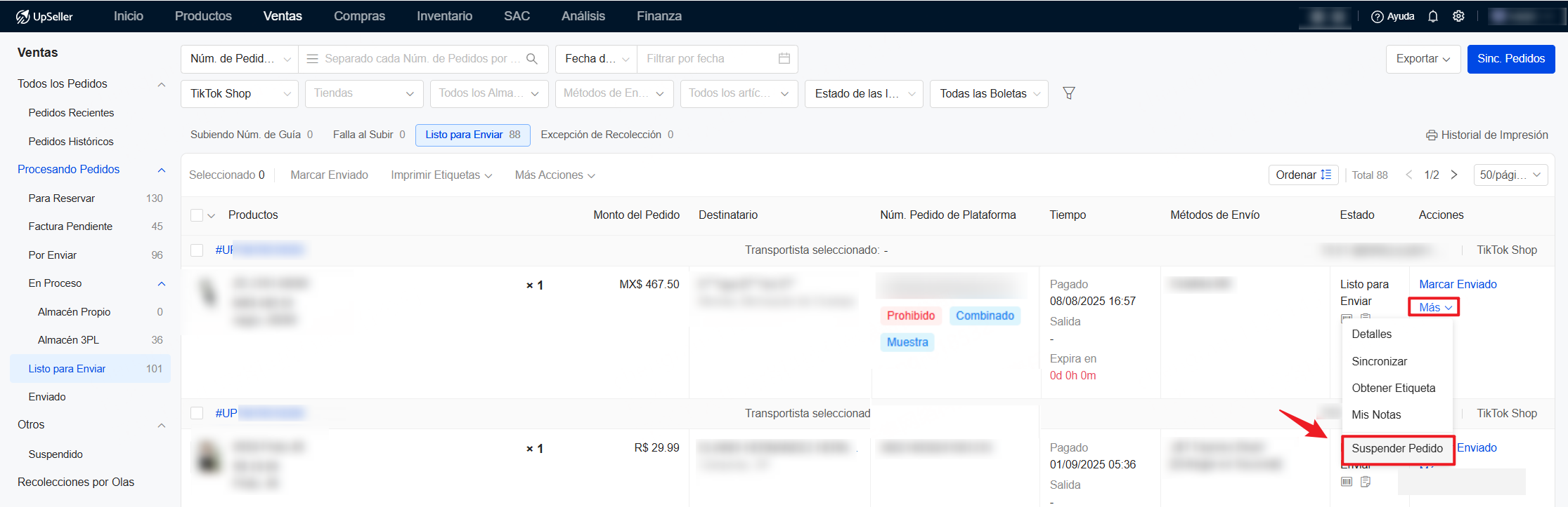 Cómo procesar los pedidos divididos o combinados(con icono de Prohibido, Combinado, Dividido)?