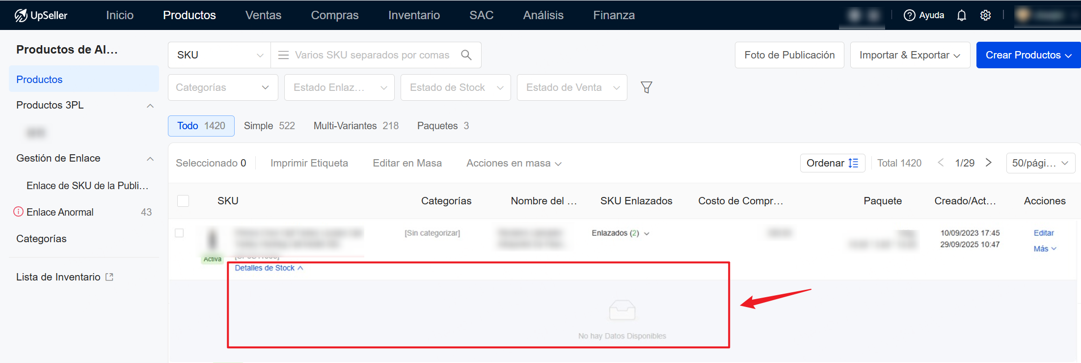 El producto no muestra información sobre el stock