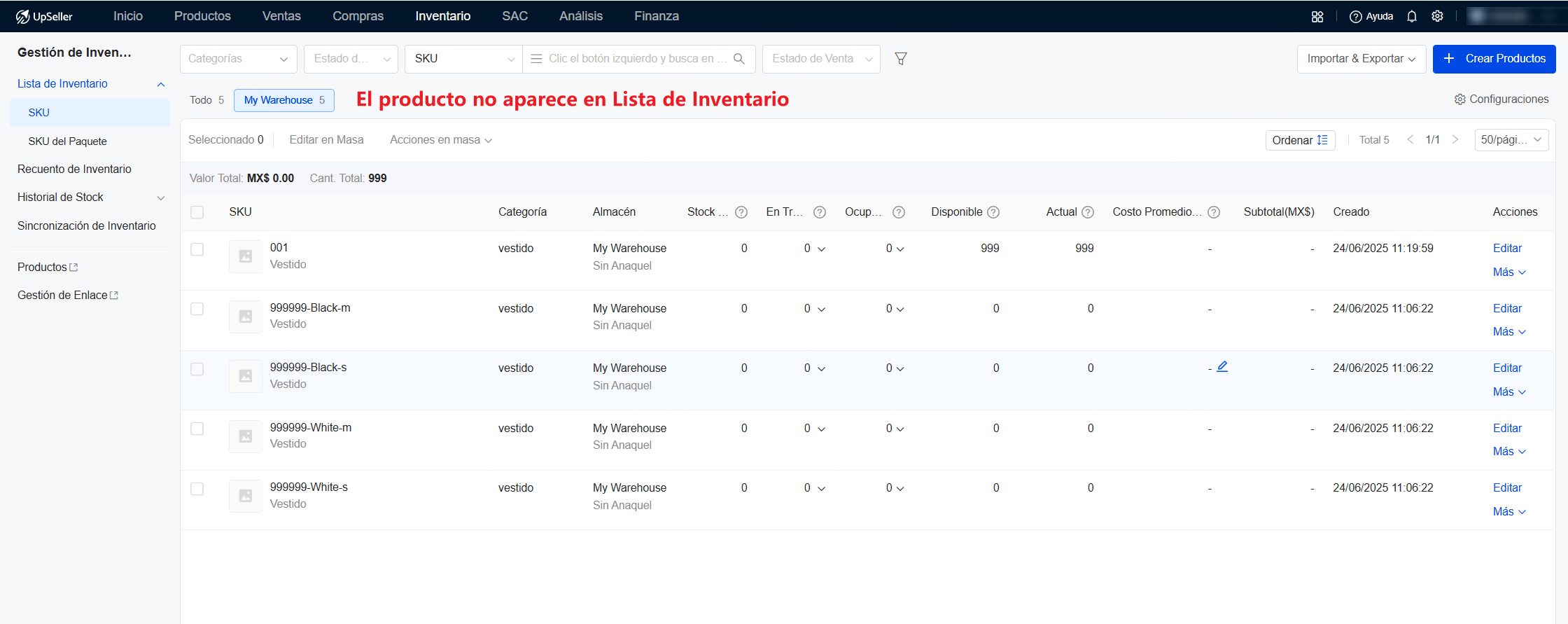 El producto no aparece en Lista de Inventario