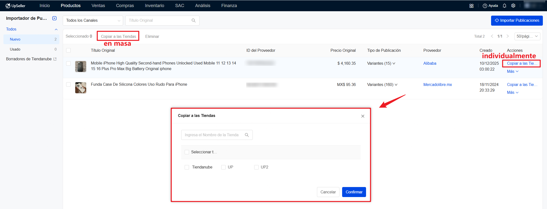 Paso 2: Selecciona los productos >> Copiar a las Tiendas >> elegir la tienda y confirmar.