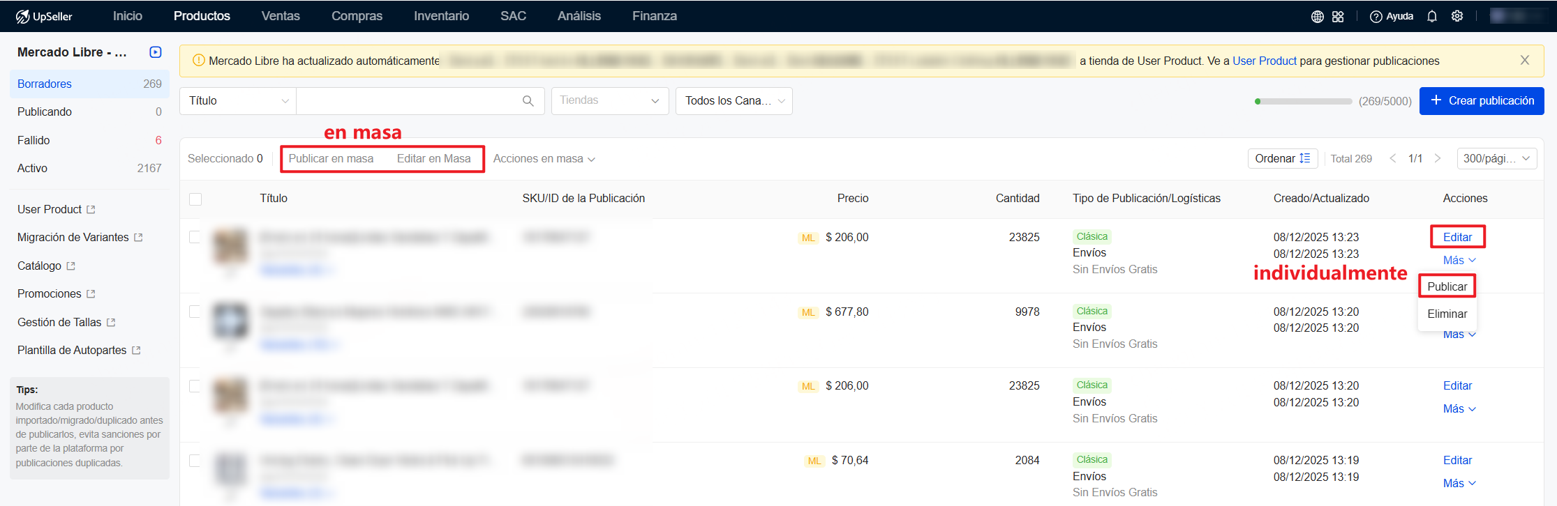 Una vez el producto importado con éxito, puedes ir al borrador de la plataforma para editar la información del producto y publicarlo.
