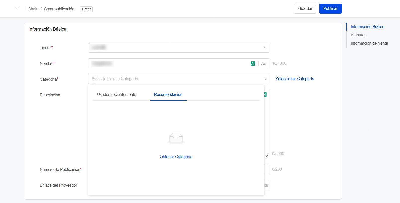 Categoría: Haz clic en Seleccionar Categoría para seleccionar la clasificación a la que pertenece la publicación, permite la selección en las categorías usadas recientemente, y también puedes seleccionar la categoría recomendada por la plataforma: en función del título o la descripción que hayas ingresado, o de la imagen que hayas subido, Shein te sugerirá una categoría recomendada.