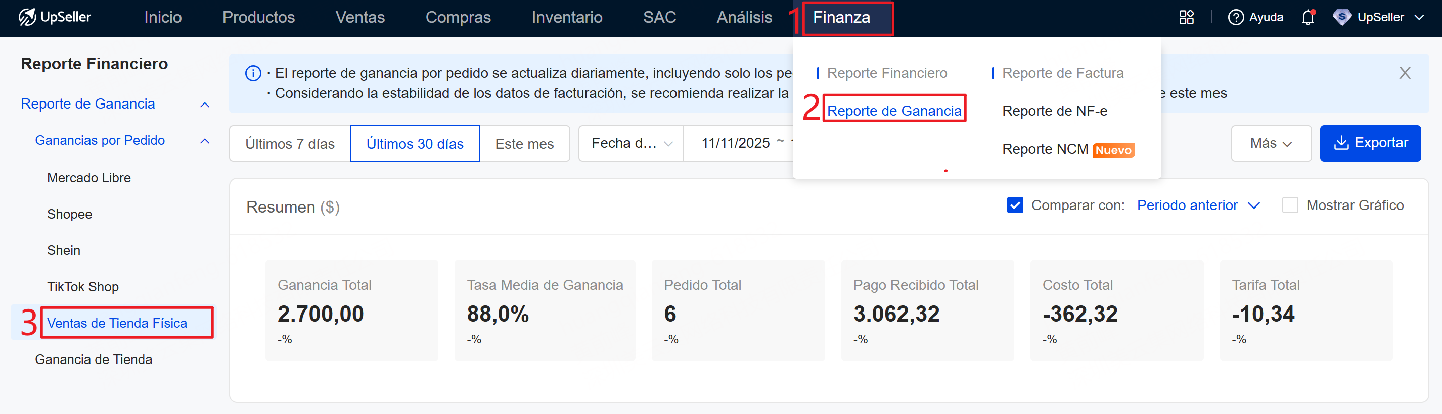 entrada de reporte de ganancia de tienda fisica