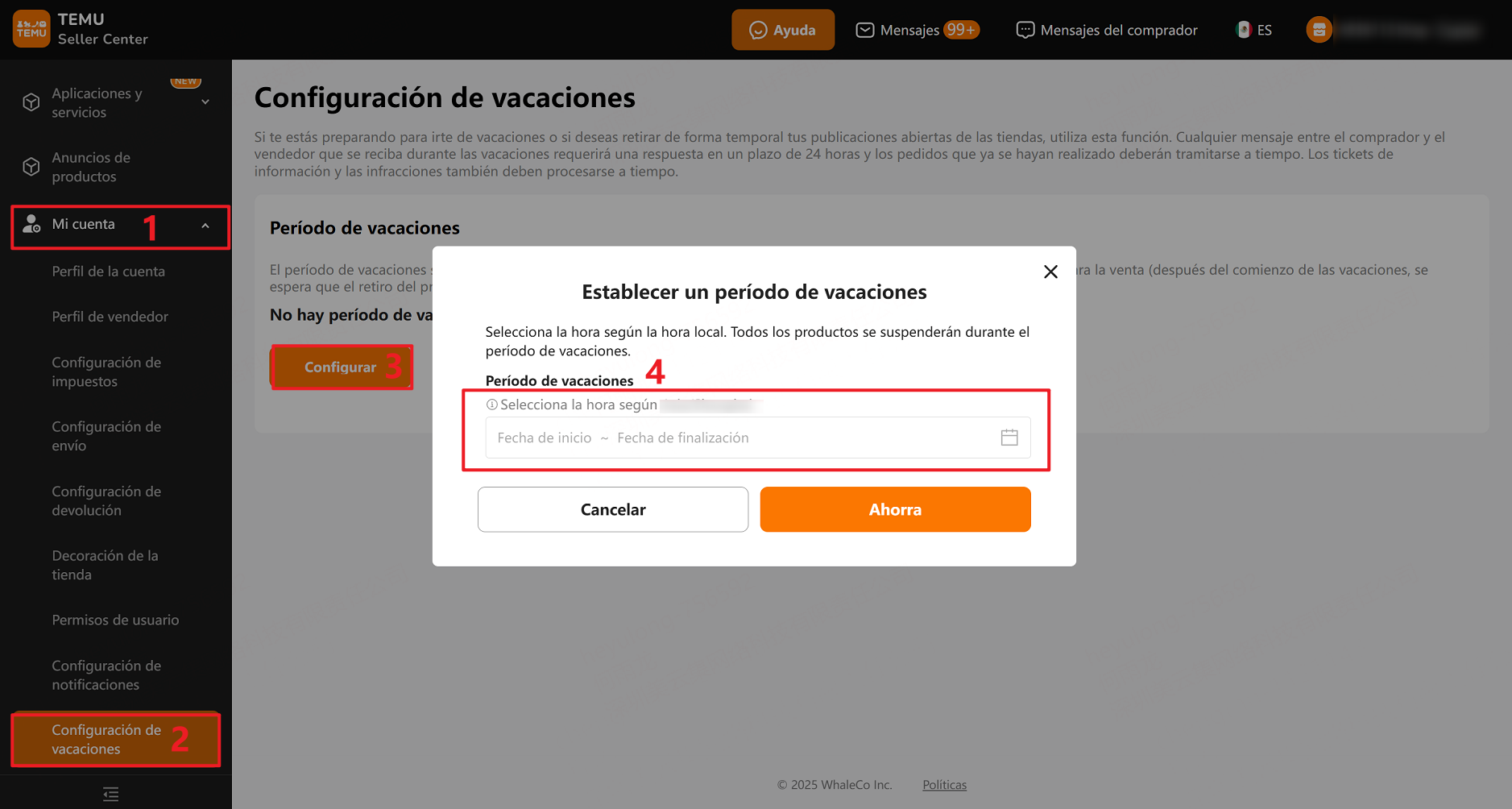 Para Temu, haz clic en Mi cuenta >> Configuración de vacaciones >> Configurar >> Establecer un periodo de vacaciones