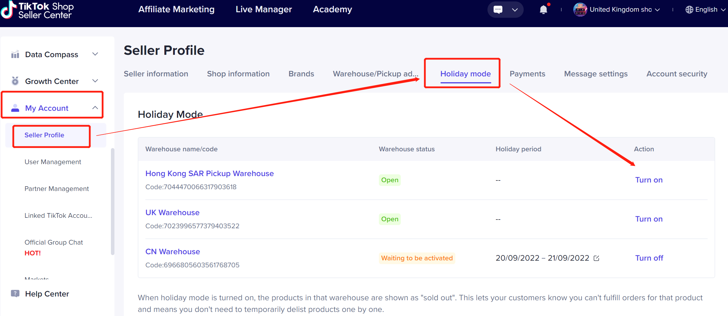 Entrada de Modo Vacaciones en TikTok Shop