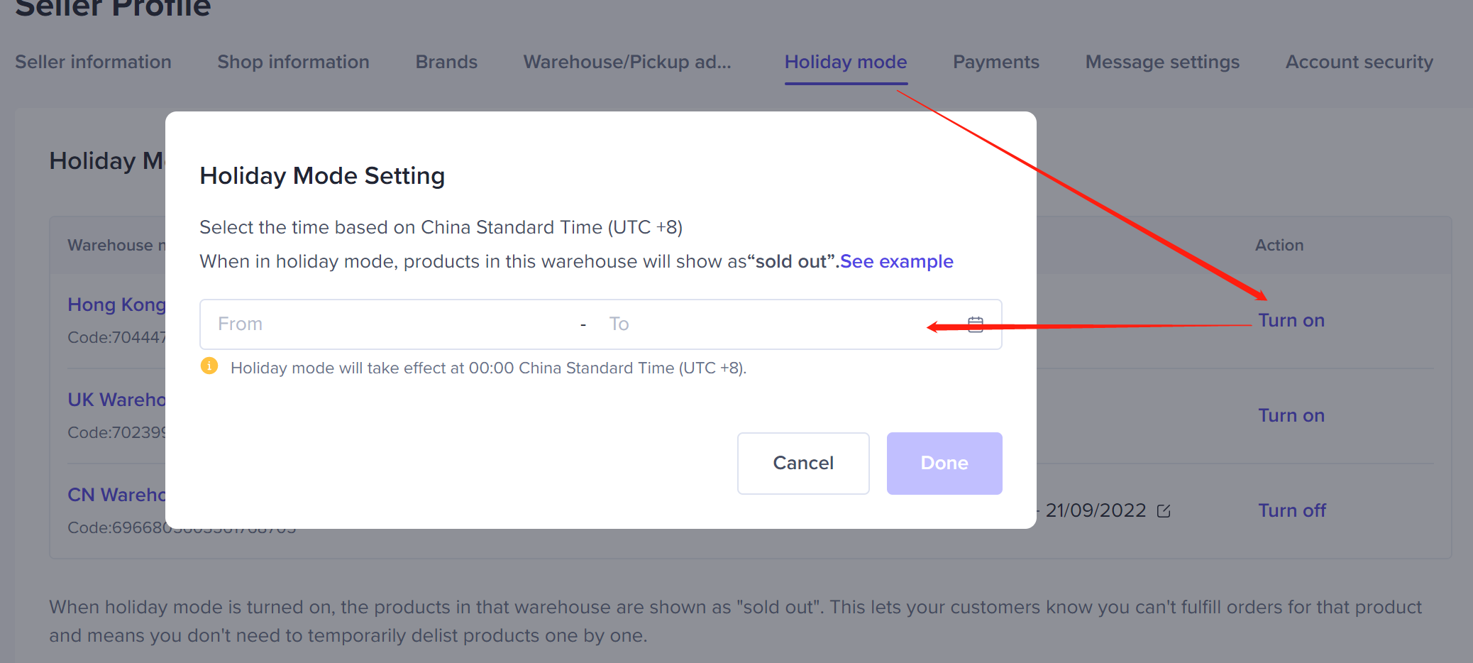 Habilitar Configuración de vacaciones en TikTok Shop