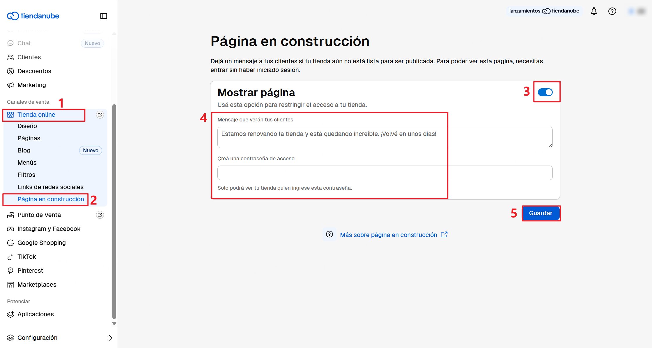 Cómo activar el modo "página en construcción" en mi Tiendanube?
