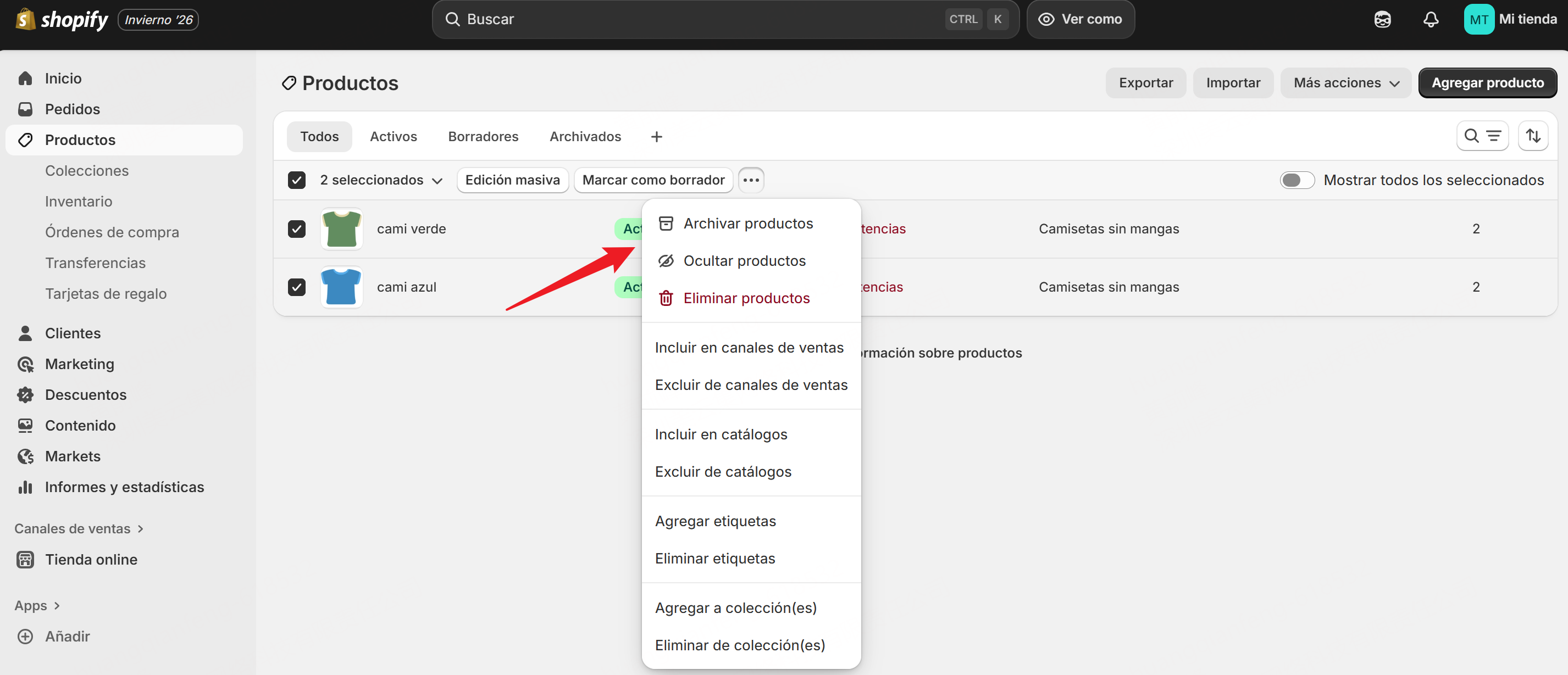ocultar o desactivar productos de Shopify
