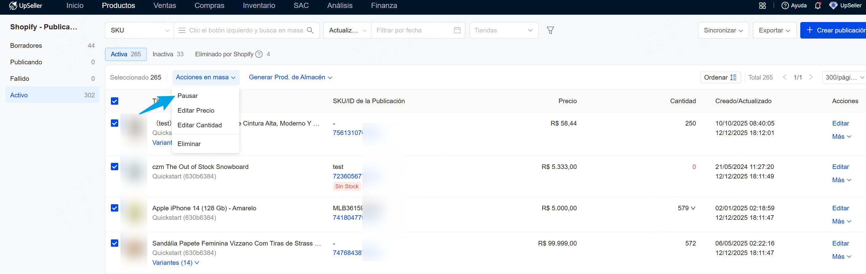 Pausar productos de Shopify