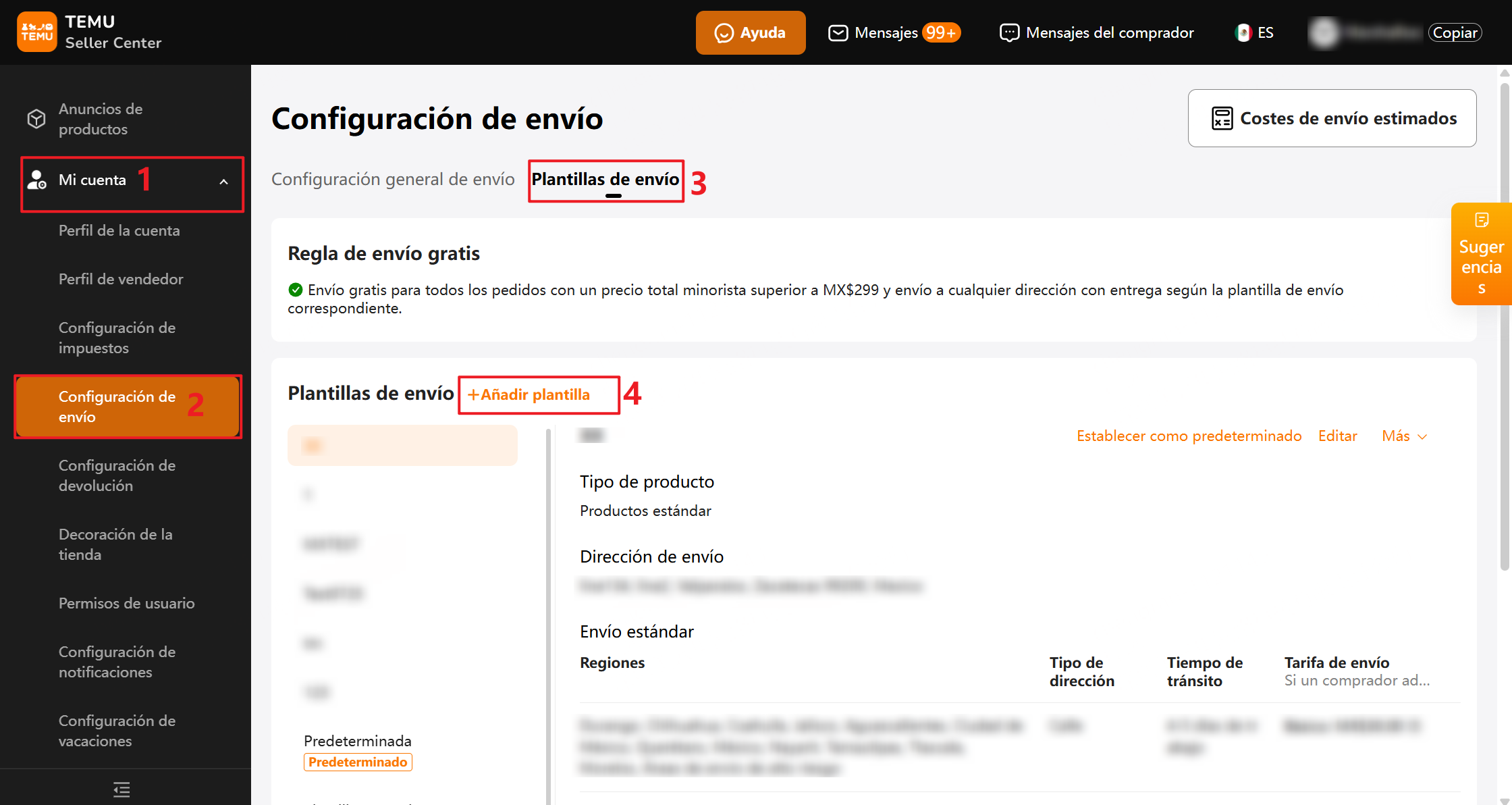 Cómo crear plantilla de envío en Seller Center de Temu?