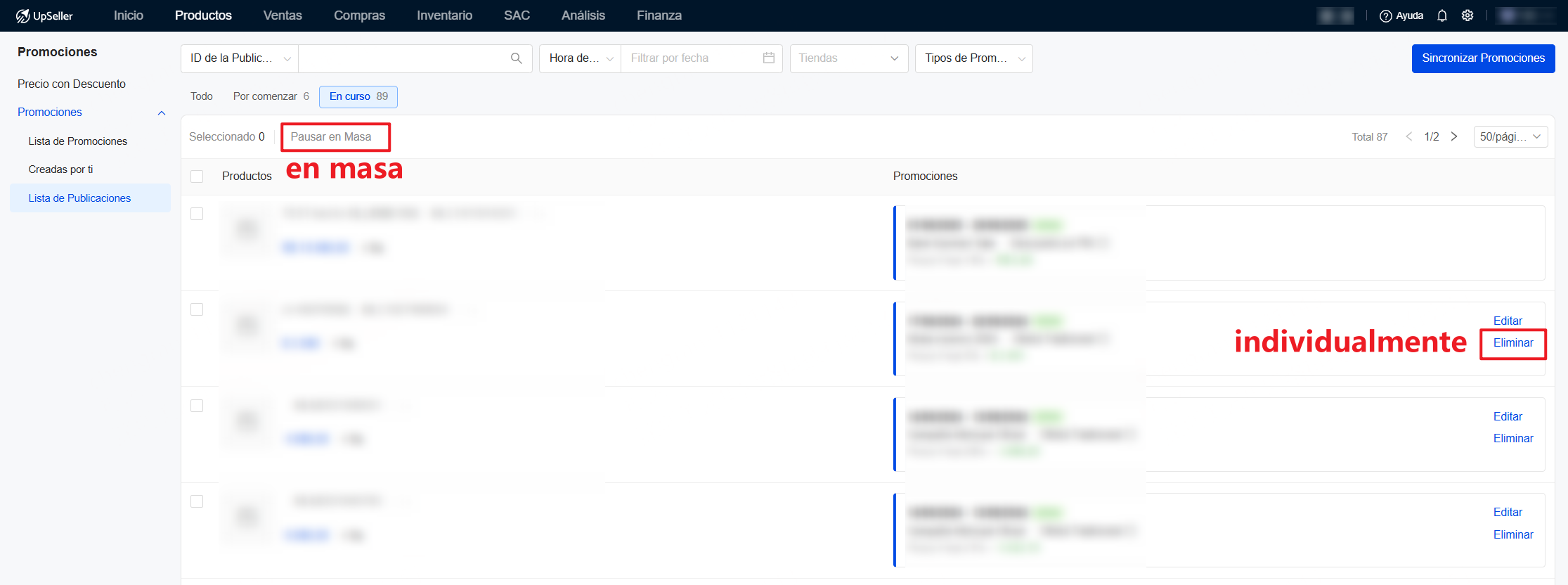 UpSeller permite tanto eliminación individual como en masa de promoción