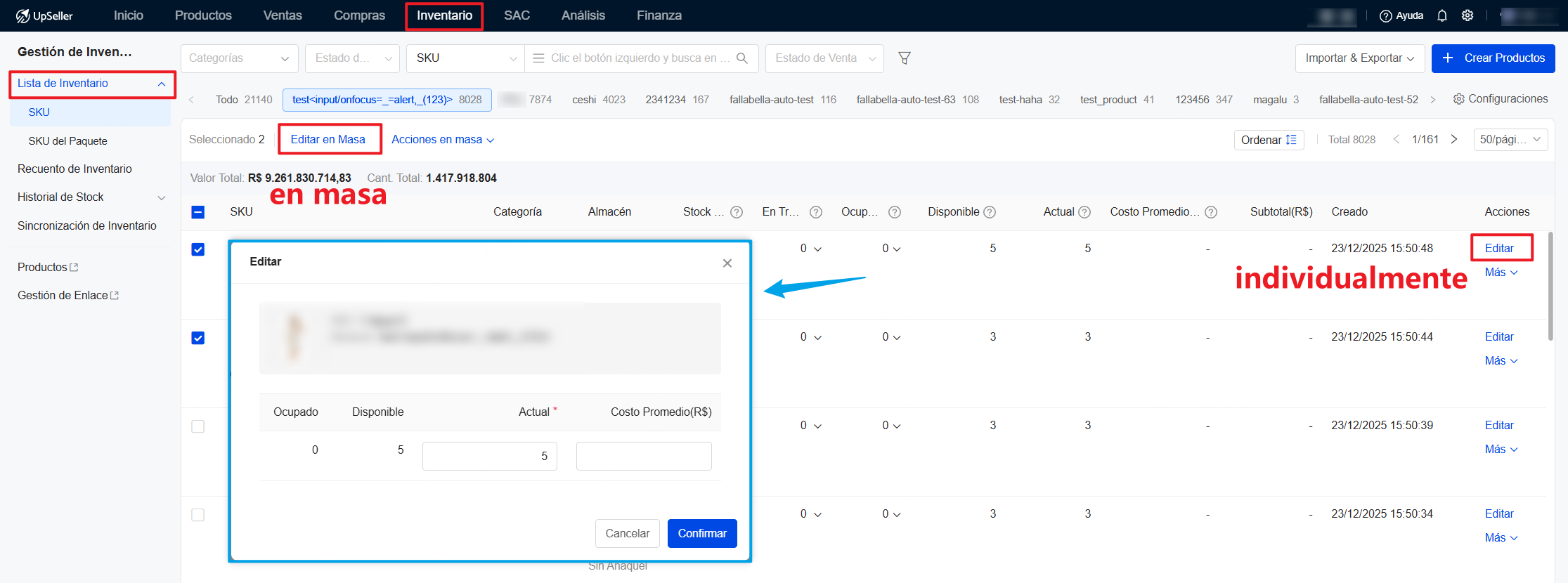 Editar directamente la cantidad de inventario actual de producto de manera masiva o individualmente