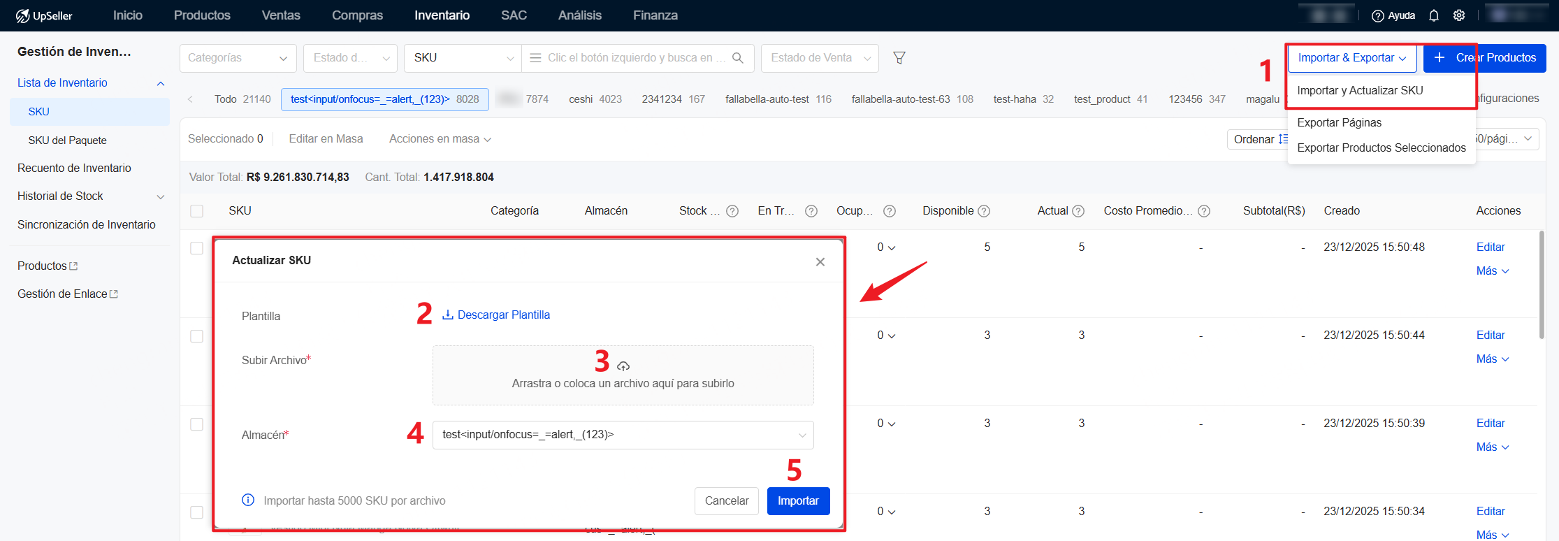Haz clic en Importar y Actualizar SKU para actualizar en masa stock bajo, stock actual y costo promedio por Excel