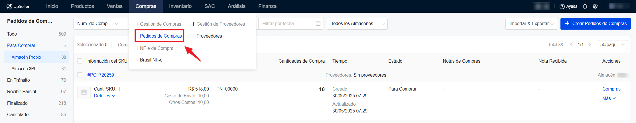 Puedes crear pedido de compra. Tras Recibir, el sistema ingresará automáticamente el stock y aumentará el inventario