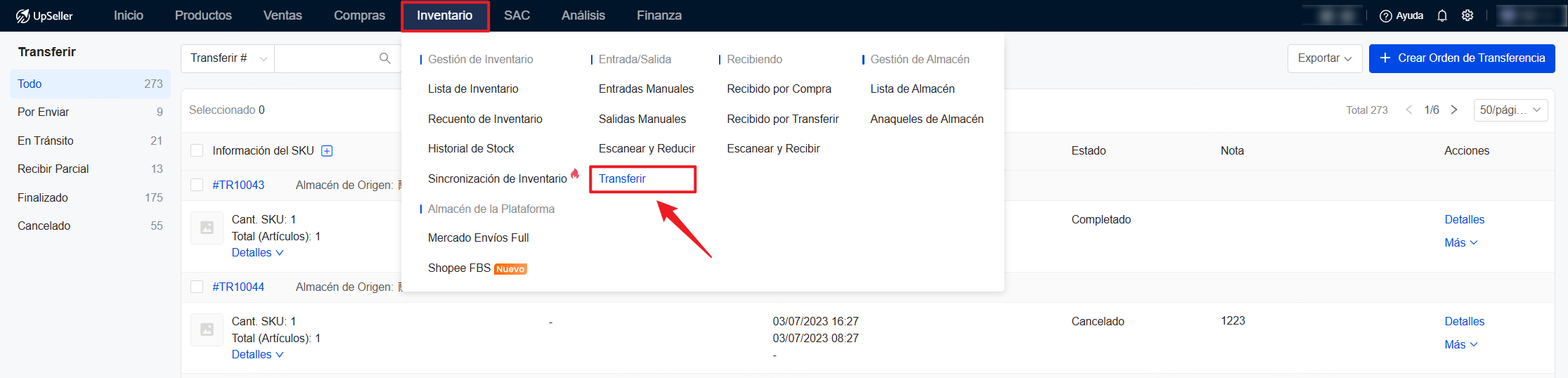 Modificar el inventario mediante Transferir