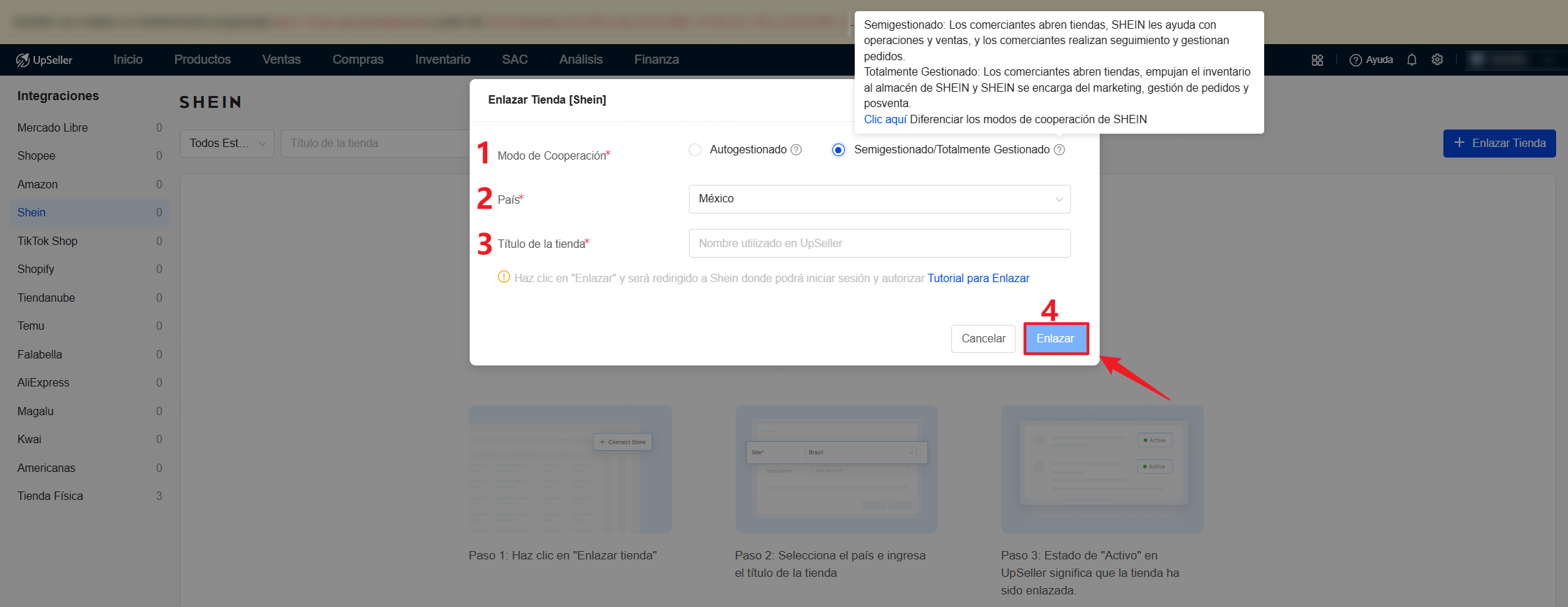  Elige país, modo de cooperación, e ingresa el nombre de la cuenta (solo utilizado en UpSeller) para enlazar