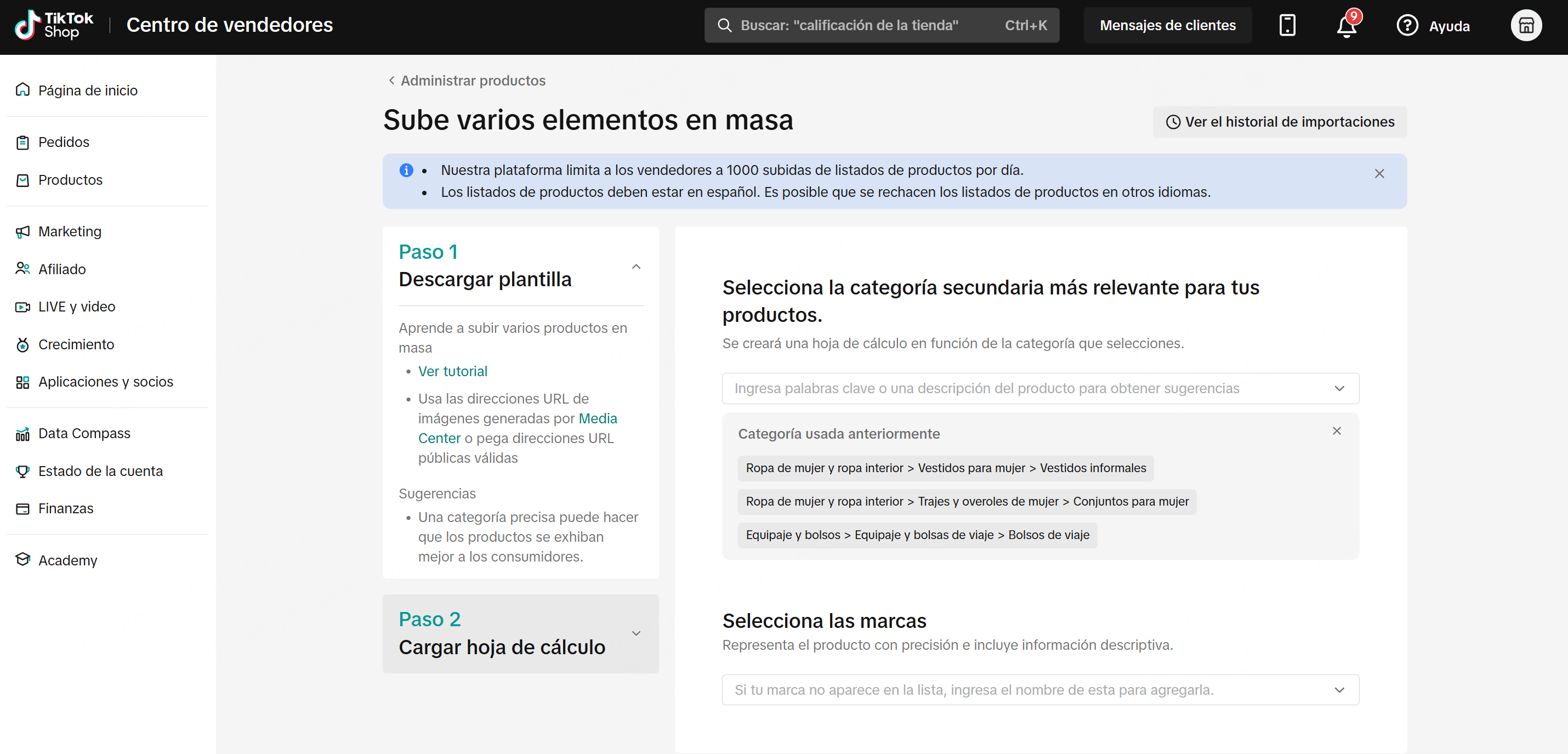 Carga masiva en TikTok Shop
