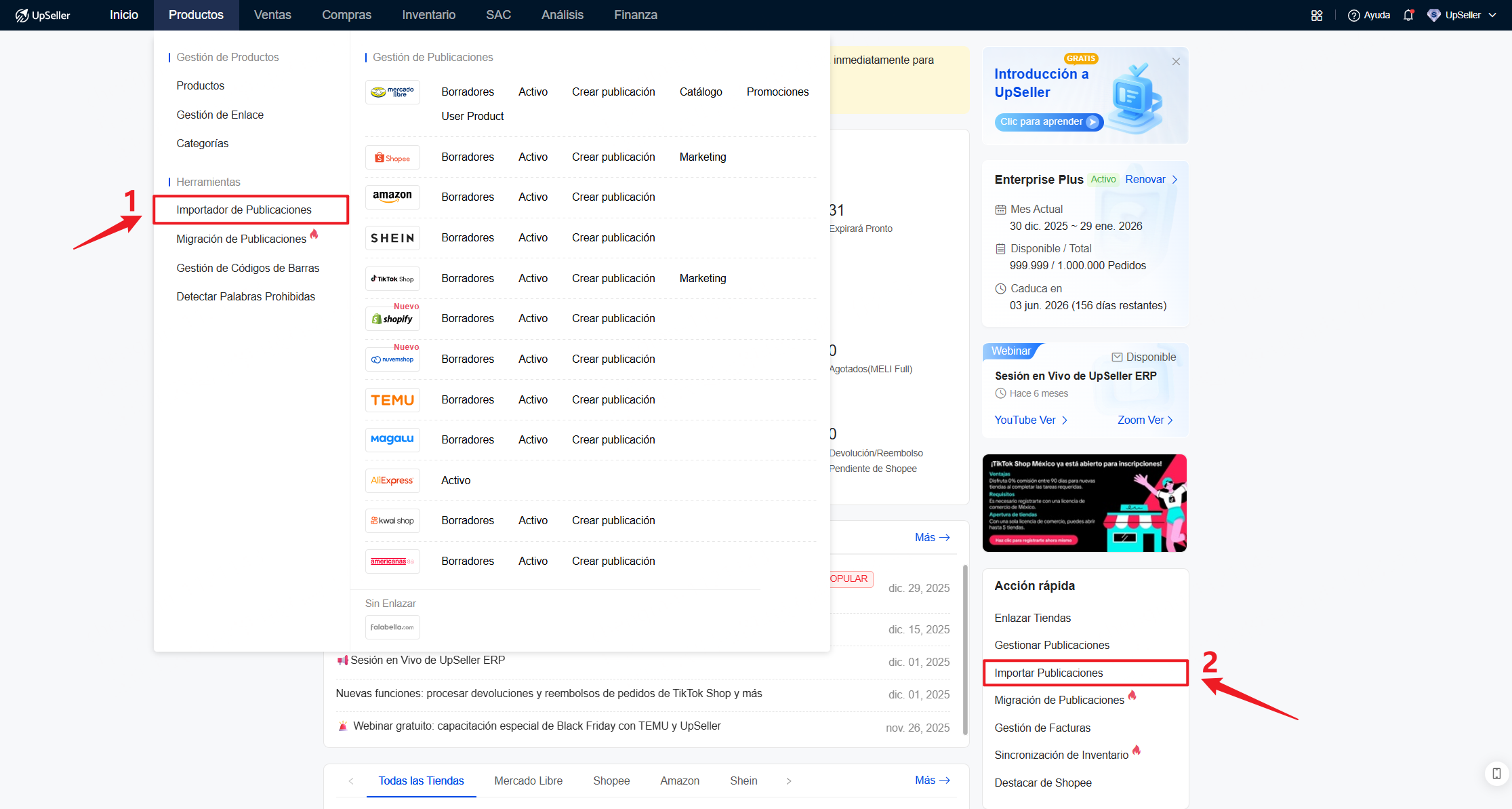 En la pantalla de inicio encontrarás 2 atajos para ingresar a la lista de importación como se muestra en la imagen.