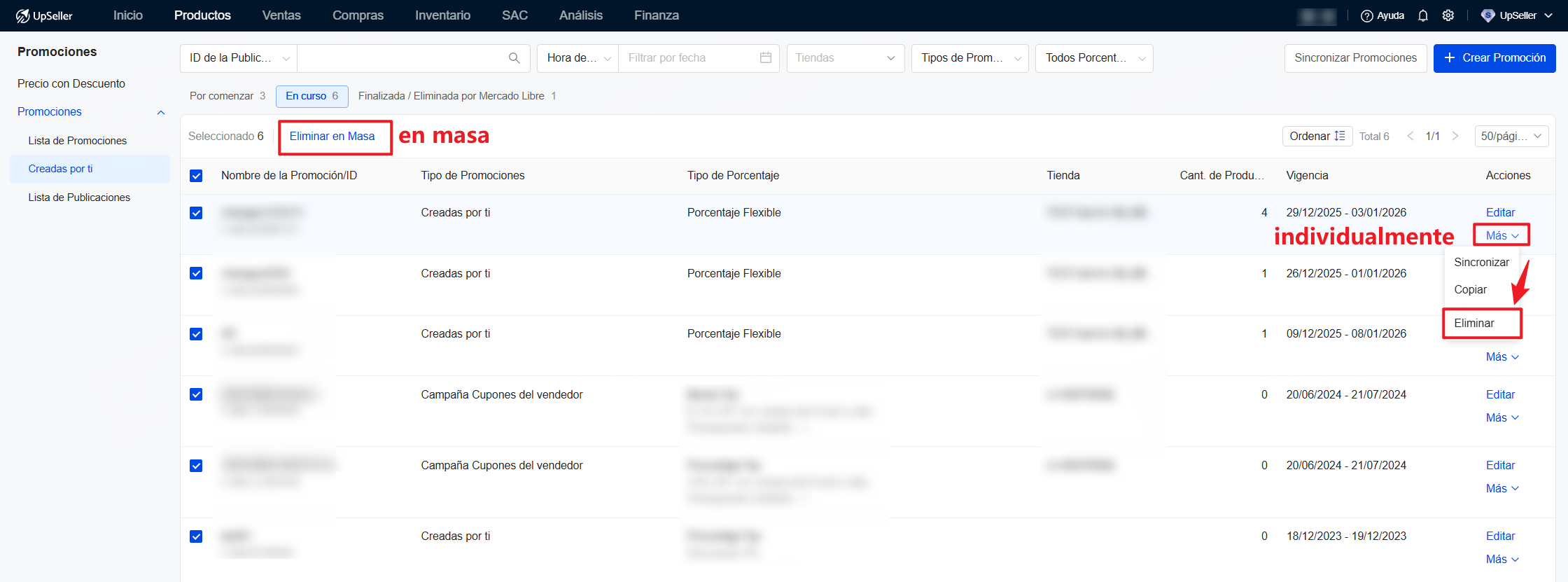 UpSeller permite tanto eliminación individual como en masa de promoción