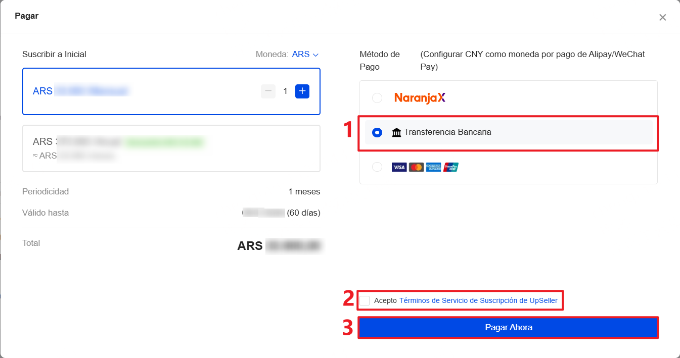 1. Selecciona Transferencia Bancaria, Acepto Términos de Servicio de Suscripción de UpSeller y haz clic en Pagar Ahora