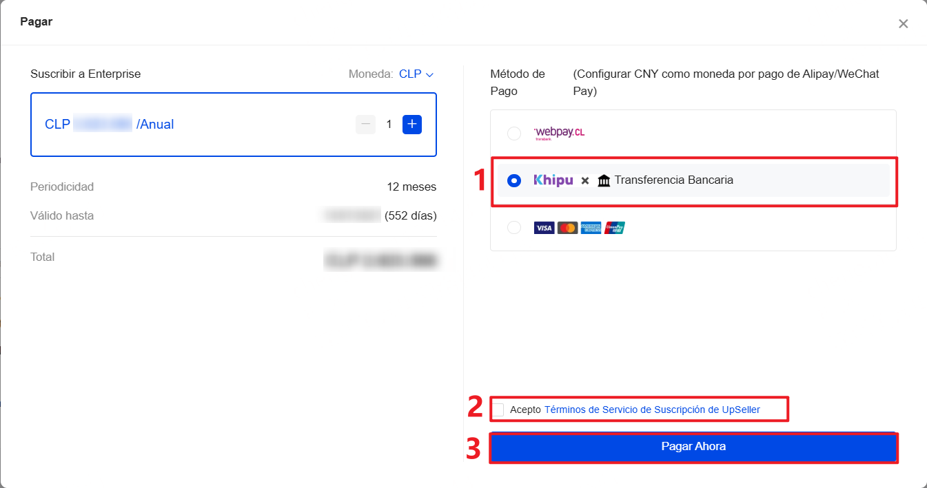 1. Selecciona Transferencia Bancaria, Acepto Términos de Servicio de Suscripción de UpSeller y haz clic en Pagar Ahora