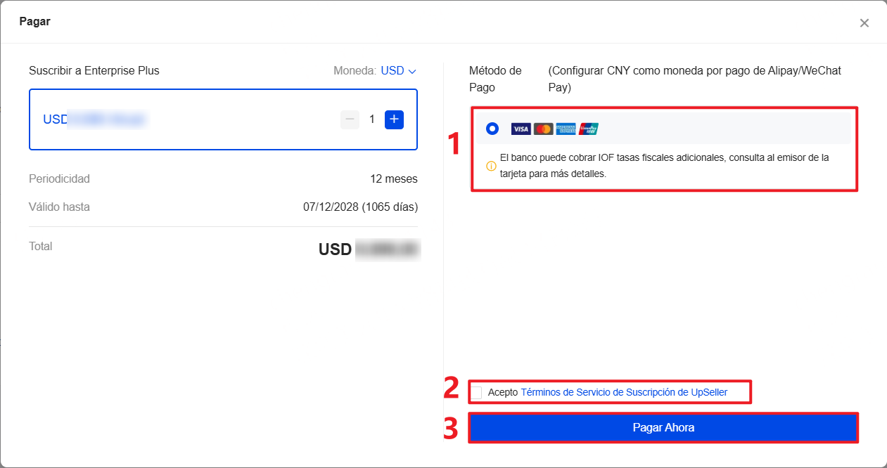 Selecciona Tarjeta Internacional, Acepto Términos de Servicio de Suscripción de UpSeller y haz clic en Pagar Ahora