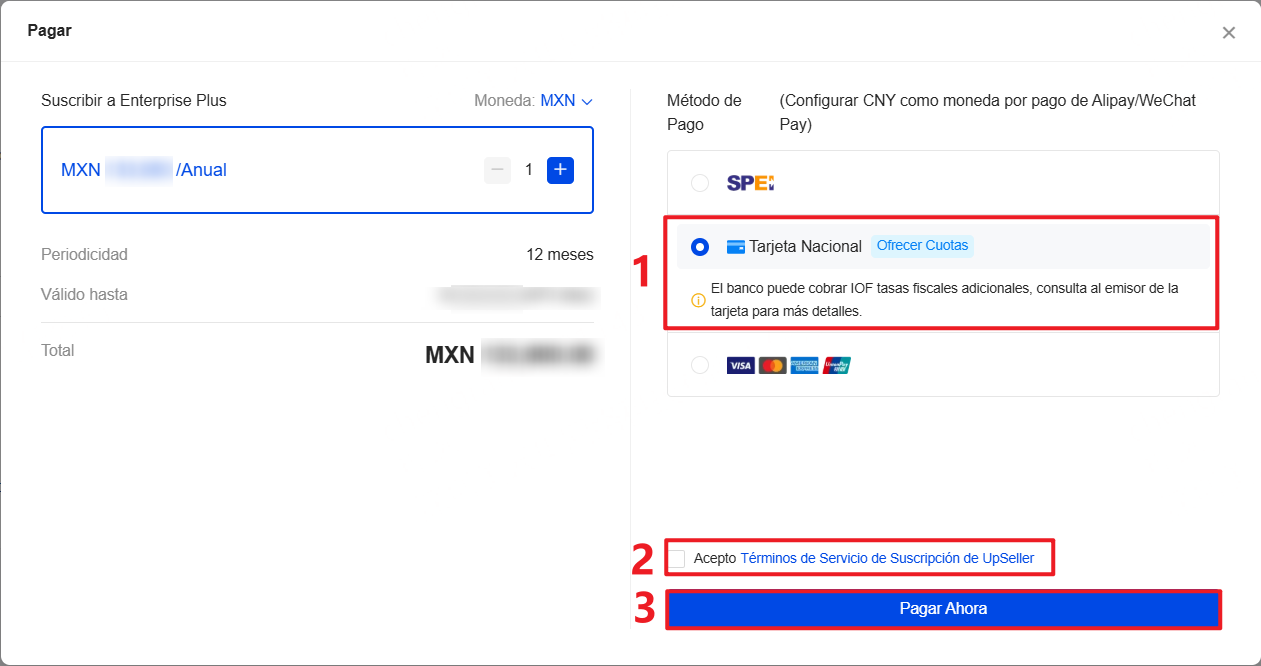 Selecciona Tarjeta Nacional, Acepto Términos de Servicio de Suscripción de UpSeller y haz clic en Pagar Ahora