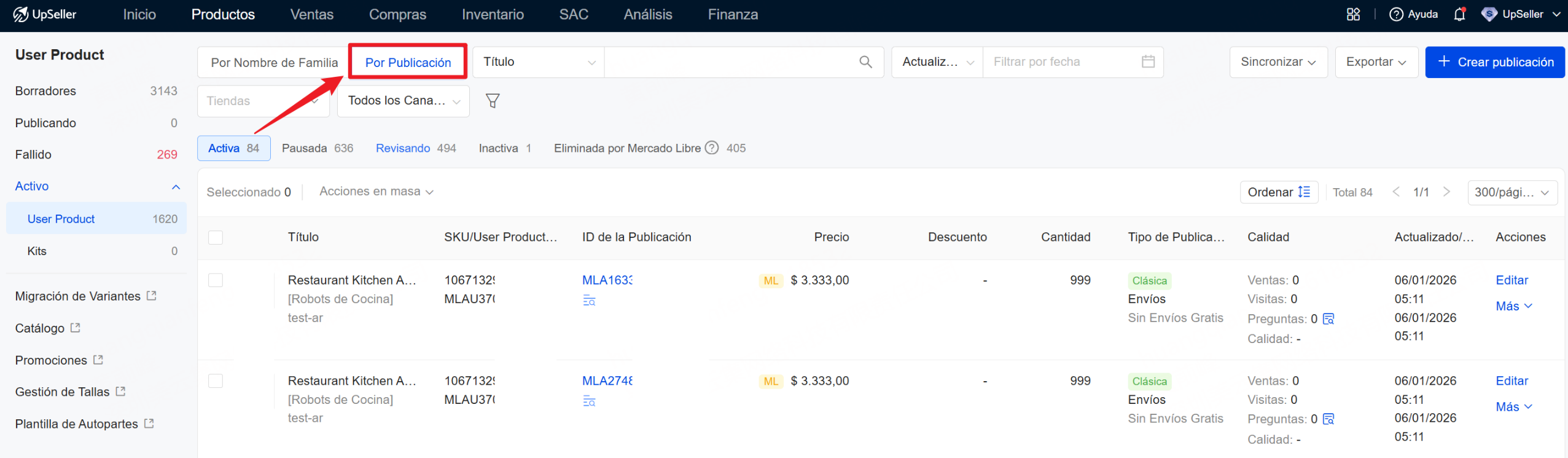 exportar las publicaciones de User Product