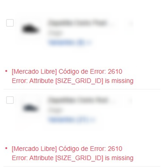 [Mercado Libre] Código de Error: 2610 Error: Attribute [SIZE_GRID_ID] is missing
