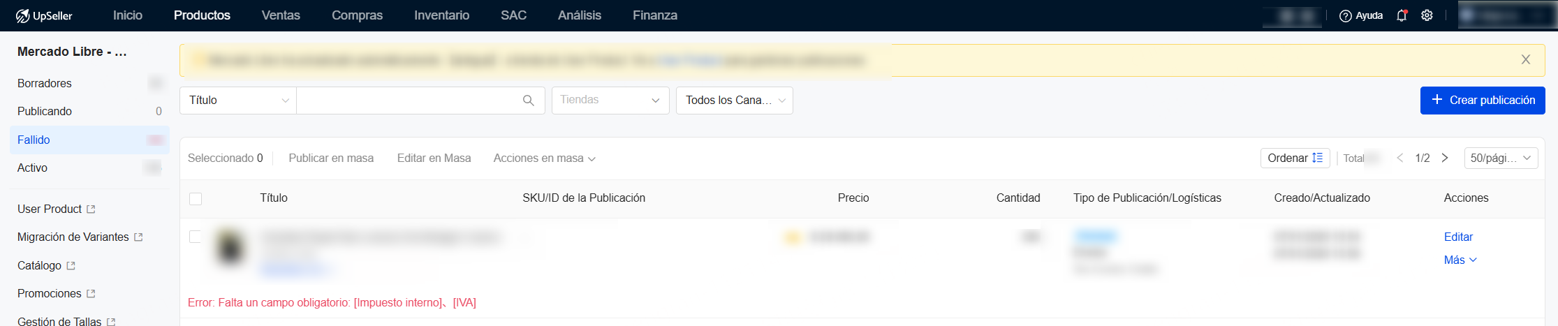 Error: Falta un campo obligatorio: [Impuesto interno]、[IVA]