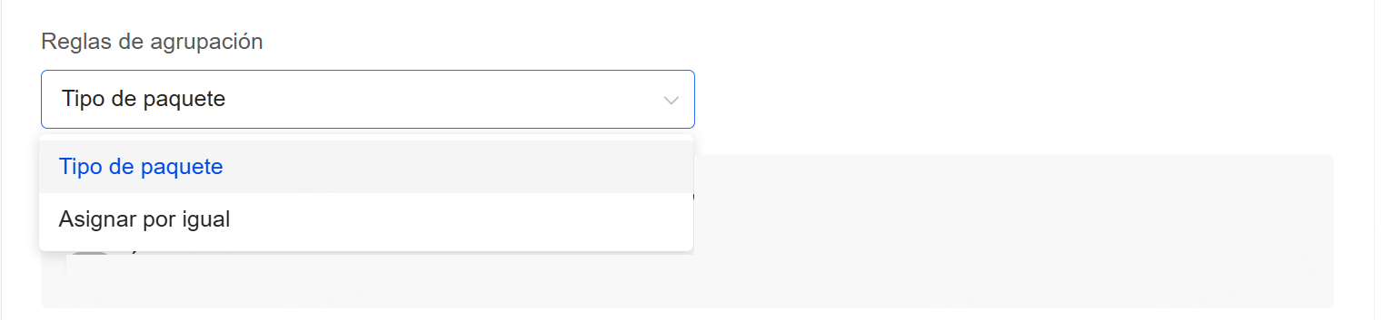 Reglas de Agrupación: Por tipo de paquete o Asignar por igual